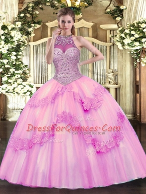 Chic Rose Pink Halter Top Neckline Beading and Appliques Quinceanera Dresses Sleeveless Lace Up