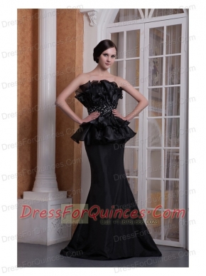 Prom Dress Black Mermaid Strapless Brush Train Elastic Woven Satin Beading