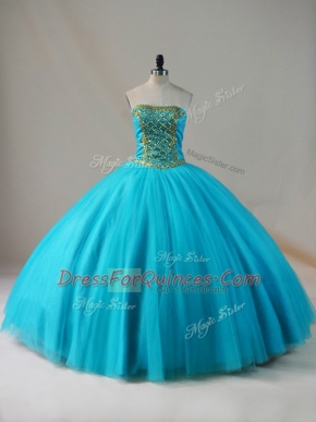 Floor Length Lace Up Sweet 16 Dresses Blue for Sweet 16 and Quinceanera with Beading