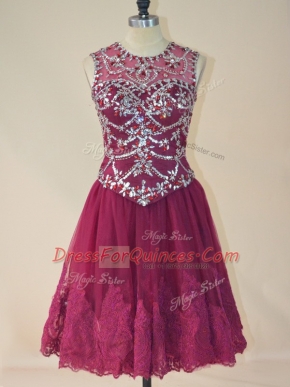 Beauteous Burgundy A-line Scoop Sleeveless Tulle Mini Length Lace Up Beading and Lace