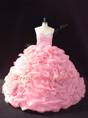 Nice Beading and Pick Ups and Hand Made Flower Ball Gown Prom Dress Pink Lace Up Sleeveless Court Train