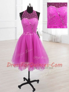 Beautiful Fuchsia High-neck Neckline Sequins Prom Evening Gown Sleeveless Lace Up