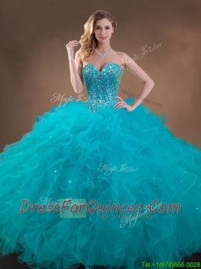 Classical Big Puffy Teal Sweet 16 Gown with Beading and Ruffles