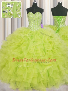 Free and Easy Visible Boning Yellow Green Lace Up Sweetheart Beading and Ruffles Quinceanera Dresses Organza Sleeveless