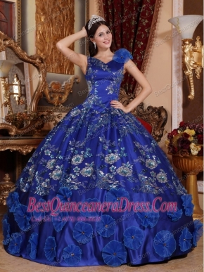 Blue Ball Gown V-neck Floor-length Satin Beading and Appliques Quinceanera Dress