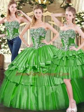 Green Lace Up Quinceanera Gown Beading and Ruffled Layers Sleeveless Floor Length