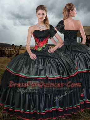 Amazing Black Taffeta Lace Up One Shoulder Sleeveless With Train Quince Ball Gowns Sweep Train Embroidery