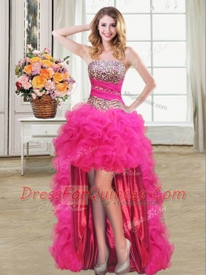 Artistic Sequins Ruffled High Low Ball Gowns Sleeveless Hot Pink Prom Party Dress Lace Up
