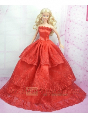 Rust Red Princess Dress With Embroidery Gown For Barbie Doll