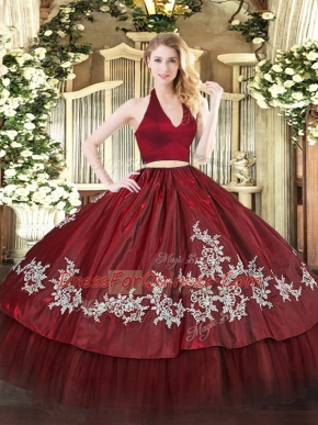 Noble Burgundy Sleeveless Floor Length Appliques Zipper Quince Ball Gowns