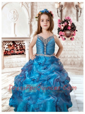 Beautiful Blue Ball Gown Spaghetti Straps Little Girl Pageant Dress with Beading