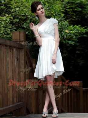 Stunning One Shoulder Sleeveless Prom Party Dress Knee Length Beading White Chiffon