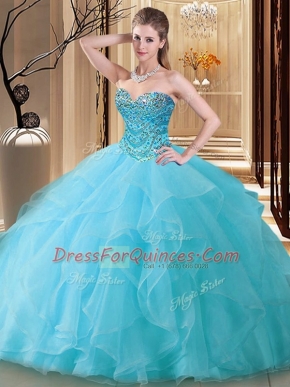 Sleeveless Tulle Floor Length Lace Up Quinceanera Dress in Aqua Blue with Beading