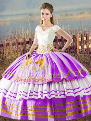 Lilac V-neck Neckline Embroidery and Ruffled Layers Quince Ball Gowns Sleeveless Lace Up