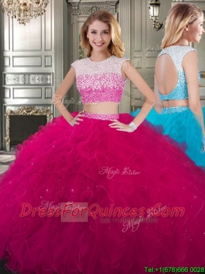 Two Piece Scoop Cap Sleeves Quinceanera Dress with Beading and Ruffles