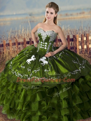 Olive Green Sweetheart Lace Up Embroidery and Ruffles 15 Quinceanera Dress Sleeveless