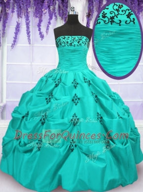 Modest Mermaid Pick Ups Floor Length Aqua Blue Ball Gown Prom Dress Strapless Sleeveless Lace Up