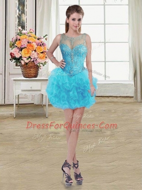 Scoop Tulle Sleeveless Mini Length Prom Dress and Beading and Ruffles