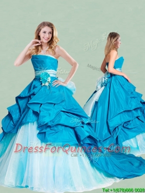 Beautiful Handcrafted Flowers and Ruffled Strapless Quinceanera Dress with Brush Train
