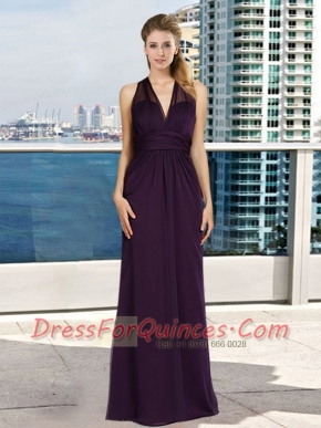 V Neck Empire Ruching Dark Purple Dama Dress with Floor Length