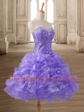 Lavender Organza Lace Up Homecoming Dress Sleeveless Mini Length Beading and Ruffles