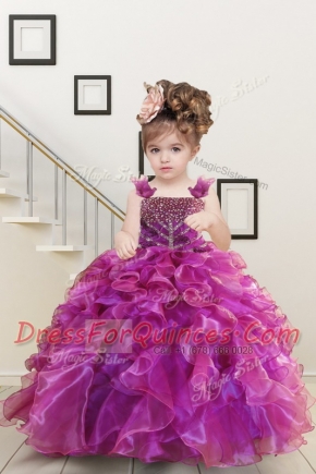 Mermaid Straps Sleeveless Toddler Flower Girl Dress Floor Length Beading and Ruffles Fuchsia Organza