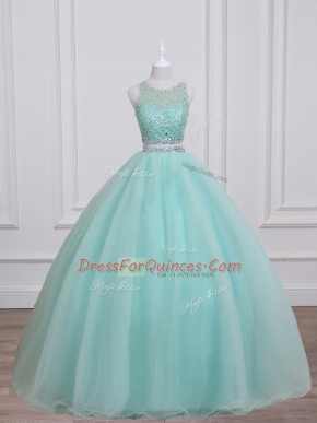 Pretty Aqua Blue Scoop Neckline Beading 15th Birthday Dress Sleeveless Lace Up