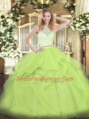 Scoop Sleeveless Zipper Sweet 16 Dress Yellow Green Tulle