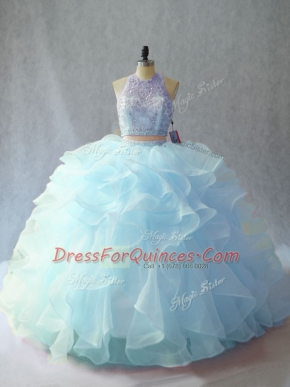 Eye-catching Sleeveless Beading and Ruffles Backless Sweet 16 Dresses with Light Blue Brush Train