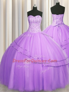 Cheap Visible Boning Puffy Skirt Lilac Ball Gowns Tulle Sweetheart Sleeveless Beading Floor Length Lace Up 15th Birthday Dress