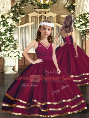 Great Burgundy Ball Gowns V-neck Sleeveless Tulle Floor Length Zipper Ruffled Layers Little Girl Pageant Dress