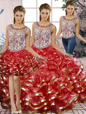 Fantastic Beading and Ruffles Quinceanera Gown Red Lace Up Sleeveless Floor Length