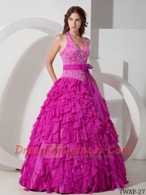 New Styles Ball Gown Halter With Chiffon Embroidery Quinceanera Dress