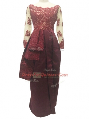 Adorable Floor Length Burgundy Homecoming Dress Scalloped Long Sleeves Zipper
