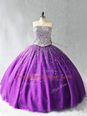 Pretty Purple Sleeveless Beading Floor Length Quince Ball Gowns