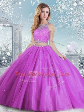 Smart Lilac Tulle Clasp Handle Scoop Sleeveless Floor Length Sweet 16 Dress Beading and Sequins
