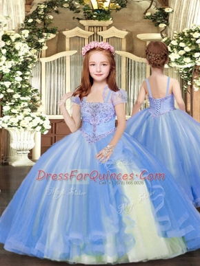 Best Sleeveless Floor Length Beading Lace Up Child Pageant Dress with Blue