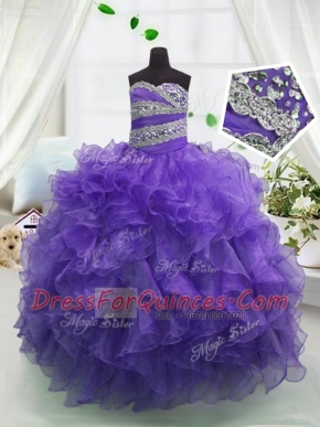Eggplant Purple Sweetheart Lace Up Beading and Ruffles Little Girls Pageant Dress Sleeveless