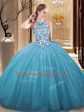Pretty High-neck Sleeveless Tulle Sweet 16 Dresses Lace and Appliques Lace Up