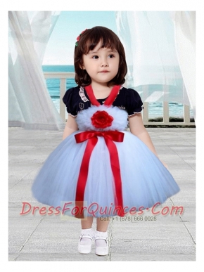 Red and White Tulle Halter Little Girl Dress with Hand Made Flowers and Bowknot