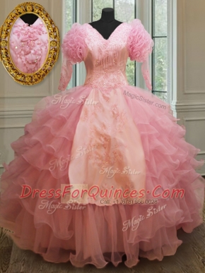 Chic Floor Length Baby Pink Quince Ball Gowns Organza Half Sleeves Beading and Embroidery and Ruffled Layers