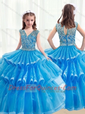 Pretty V Neck Baby BlueMini Quinceanera Dresses with Ruffled Layers