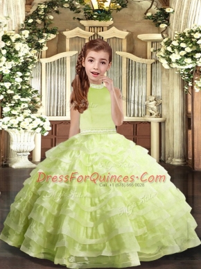 On Sale Yellow Green Sleeveless Beading and Ruffled Layers Floor Length Little Girls Pageant Dress
