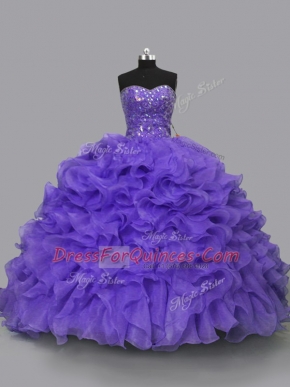 Exquisite Sleeveless Floor Length Beading and Ruffles Lace Up Vestidos de Quinceanera with Purple