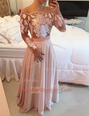 New Arrival Pink Scoop Neckline Beading and Appliques and Sashes ribbons Prom Dresses Long Sleeves Side Zipper