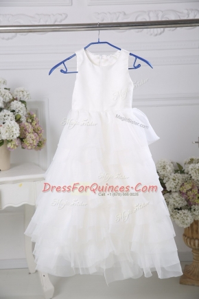 Romantic White Empire Scoop Sleeveless Chiffon Floor Length Zipper Ruffled Layers Flower Girl Dress