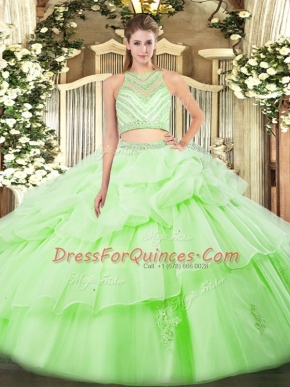 New Arrival Scoop Sleeveless Sweet 16 Dress Floor Length Ruffles Apple Green Tulle