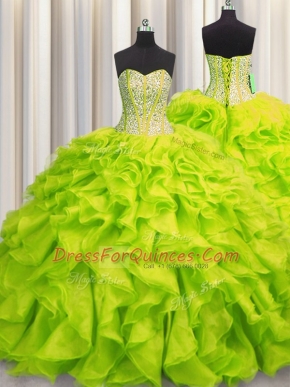 Perfect Visible Boning Yellow Green Sweetheart Lace Up Beading and Ruffles Sweet 16 Dress Sleeveless