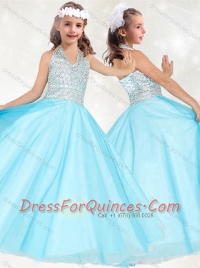 Adorable  Beaded Baby Blue Little Girl Pageant Dress with Halter Top