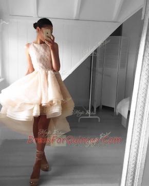 Scoop Sleeveless Organza Asymmetrical Backless Prom Gown in Champagne with Lace